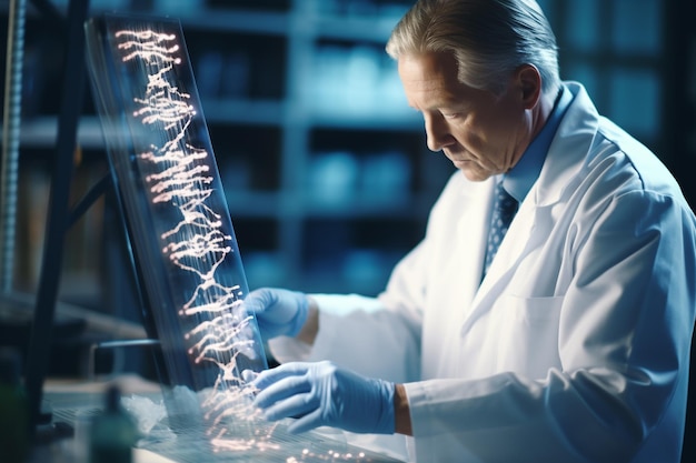 Photo genomics and genetics research laboratory geneticist in a lab coat working with a dna model