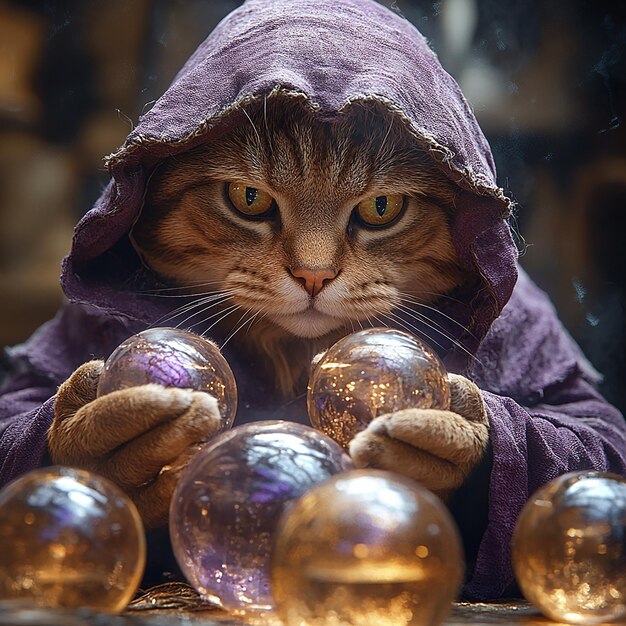 Photo genre portraits photographs subject fortunetellers cat wearing purple hood holding hands over