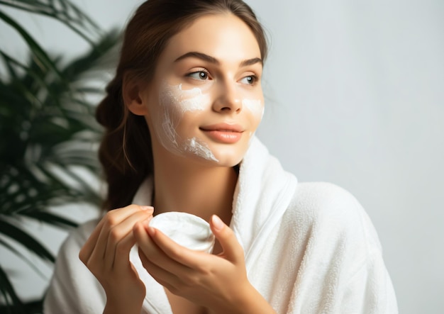 Gentle Care Studio Shot of Woman Applying Natural Face Cream