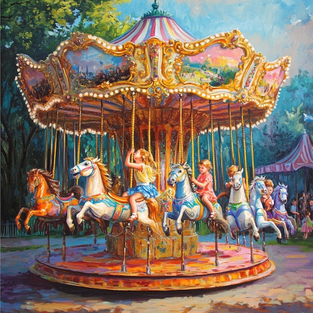 A gentle carousel with brightly colored horses and children enjoying the ride