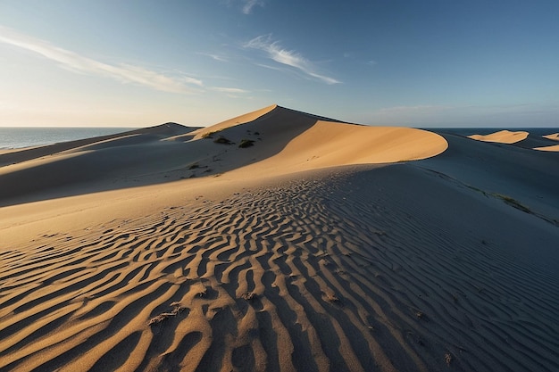 The gentle curve of dunes meeting the sea under a cle