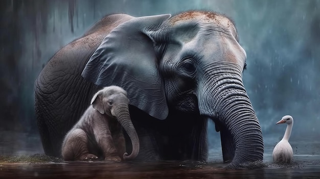 A gentle elephant comforting a distressed calf AI generated