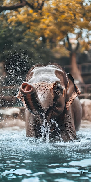 Photo gentle elephant spraying water with its trunk