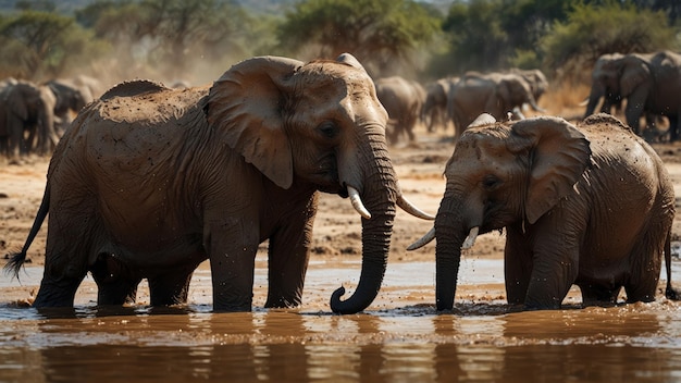 Gentle Elephants Bathing in a Waterhole