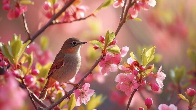 In the gentle embrace of spring a nightingale graces a flowering tree its beauty captivating