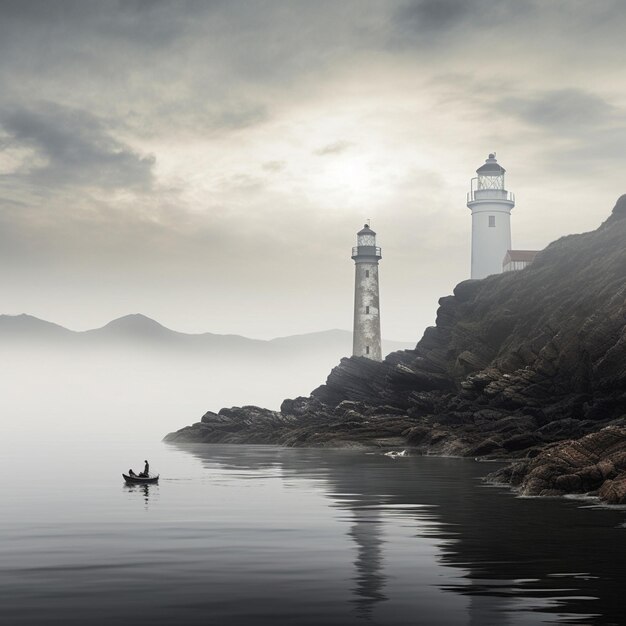 A gentle fog enveloping a lonely lighthouse by the sea