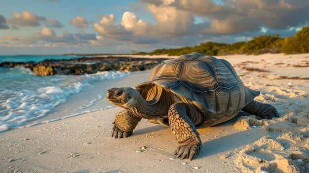 Photo gentle giant tortoise on galapagos beach