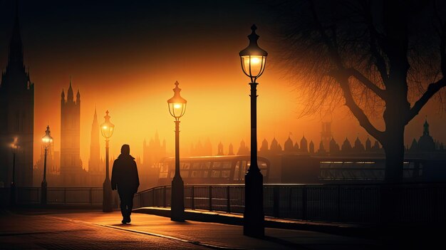 Gentle gothic streetlight on Westminster Bridge framed by blurred London Bus and person amidst fading summer sunset