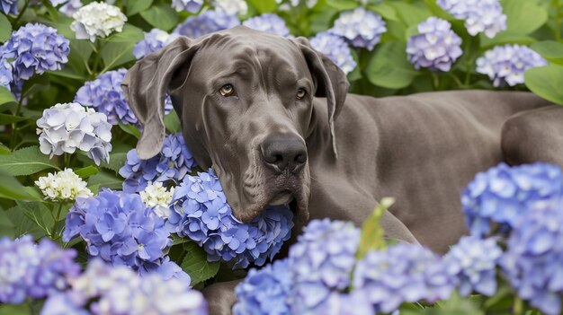 Gentle Great Dane Resting Among Blue Hydrangeas