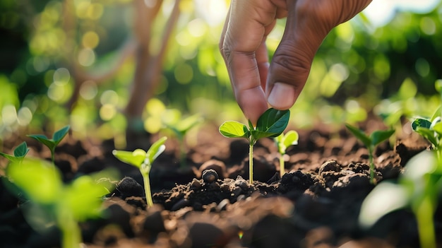 Gentle hand nurturing young plant in fertile soil under sunlight