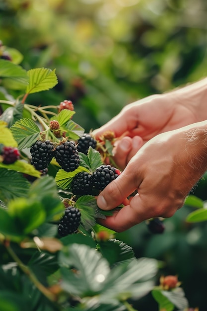 Photo gentle hands pick ripe blackberries from a lush bush fresh berries turn deep purple color ready to