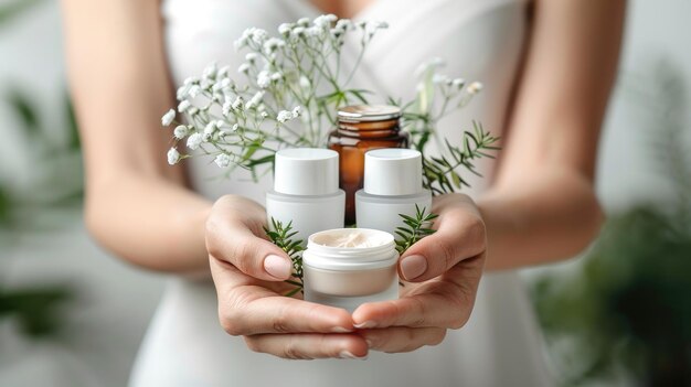 Gentle Hands Presenting Organic Skincare Creams and Flowers