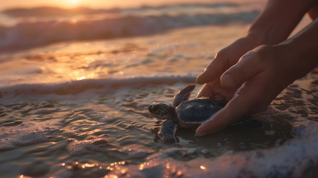 Gentle hands releasing a baby sea turtle into the ocean at sunset symbolizing new beginnings and conservation efforts