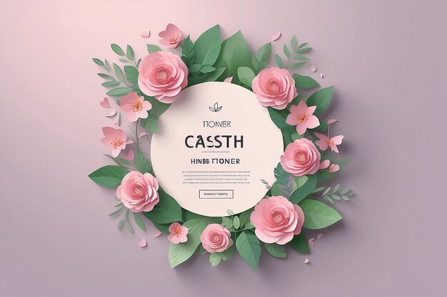 Photo gentle herb toner ads with paper flowers wreath in 3d illustration