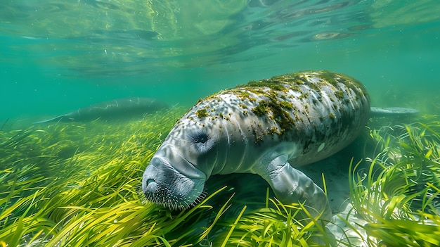 Gentle manatee grazing on seagrass in clear waters A gentle manatee grazes peacefully on