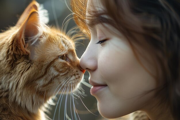 Gentle moment between a woman and a ginger cat