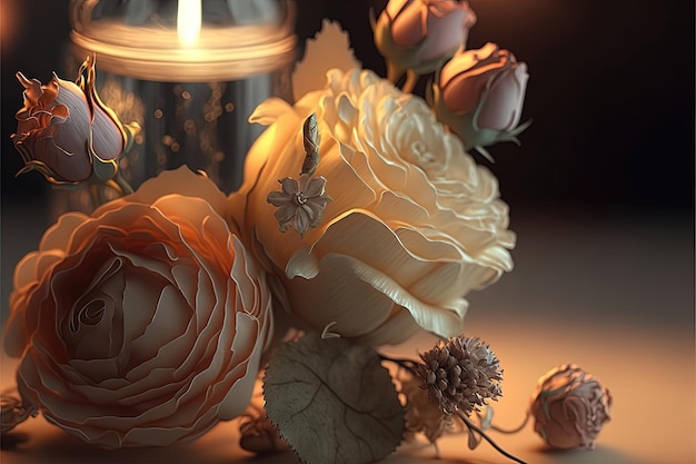 Gentle mysterious fairy tale background with flowers and burning candles Ai generated