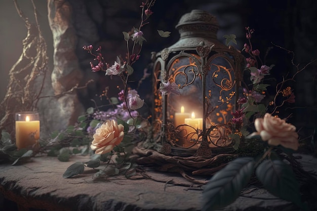 gentle mysterious fairy tale background with flowers and burning candles , creative ai