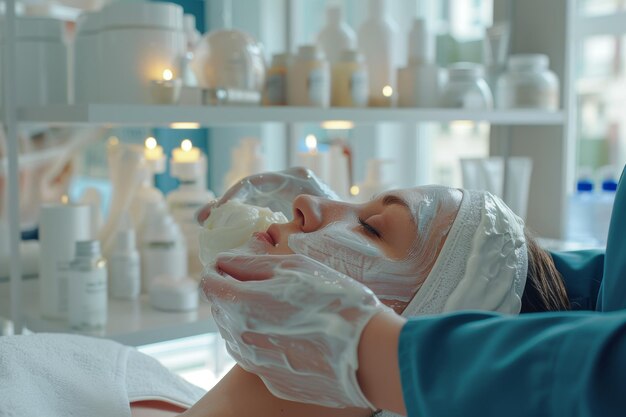 Photo gentle peeling mask application in professional skincare clinic for sensitive skin care treatment