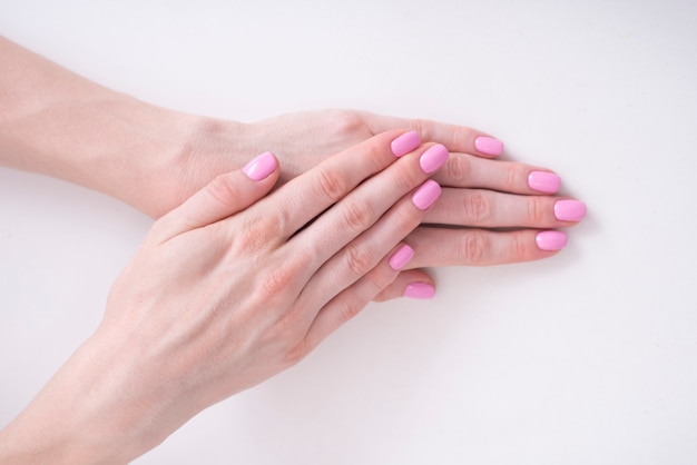 Gentle pink manicure. Female hands on a white background