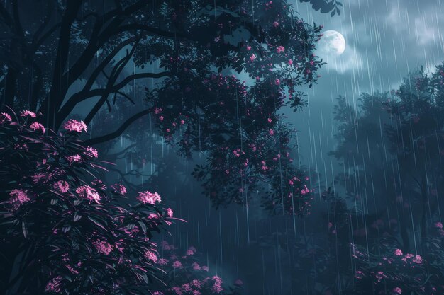 Gentle rain falling on a peaceful landscape