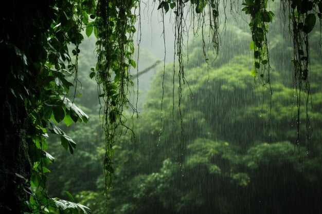 Gentle Rain Falling on Thick Vines in a Humid Rainforest Clearing