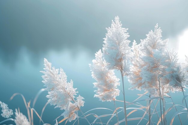 Gentle reeds in misty blue lakeside setting