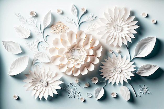 Gentle romantic composition of 3d rendering paper flowers for decoration generative ai