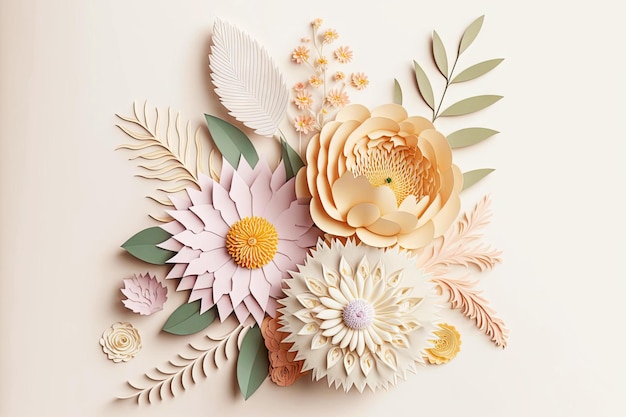 Gentle romantic floral applique of 3D rendering paper flowers for congratulations generative ai