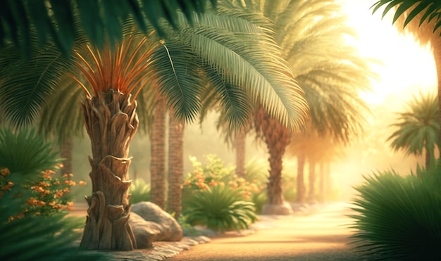 The gentle rustling of palm trees in the warm summer breeze creating a calming and serene atmosphere