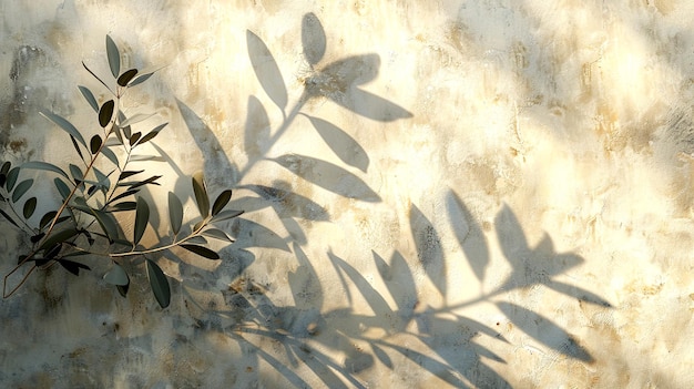 Gentle shadows of olive leaves dancing on a textured wall at sunsets golden hour