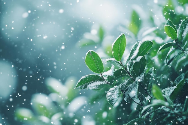 Gentle snowfall blankets lush green leaves in a serene winter wonderland