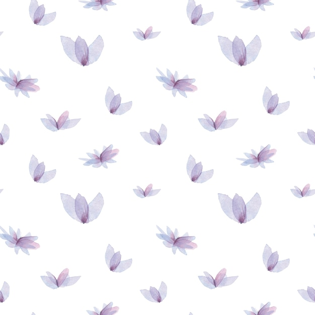 Gentle spring background, violet flowers pattern. Watercolor violet flowers, hand-drawn, isolated on white background. Seamless backdrop.