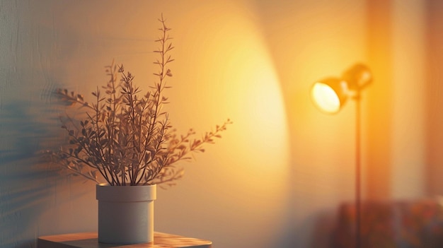 Photo gentle sunshine glow on white table with plant in vase natural light background