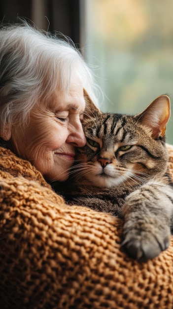 Photo the gentle touch of a cat finding comfort and joy in companionship