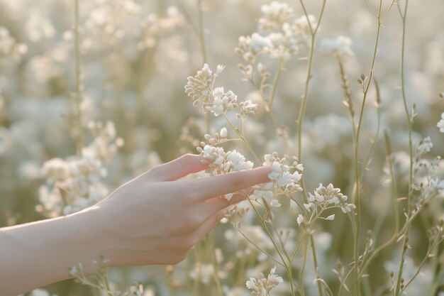 Photo gentle touch of a hand picking white wildflowers