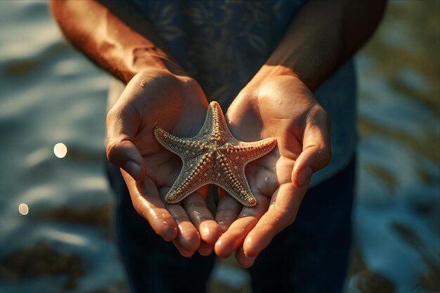 Photo the gentle touch a man caring for sea stars with utmost delicacy