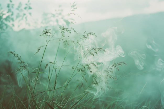 Photo gentle wisps of smoky mist intertwine with tall grass in an ethereal misty landscape capturing a mystical serene moment in nature