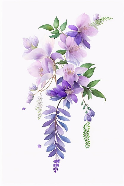 Gentle wisteria collection in modern watercolor style on white background generative ai