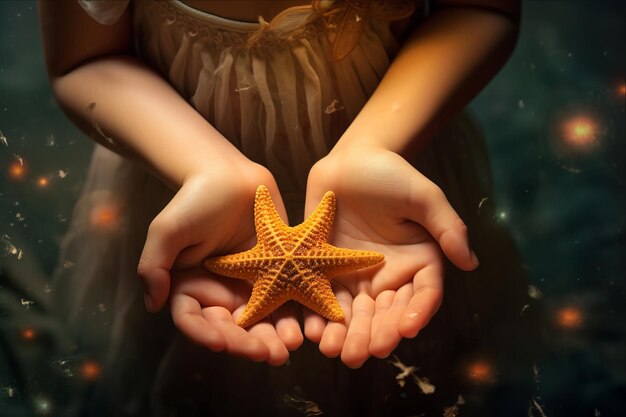 Photo gentle wonder embracing the magic of a starfish in a childs hands