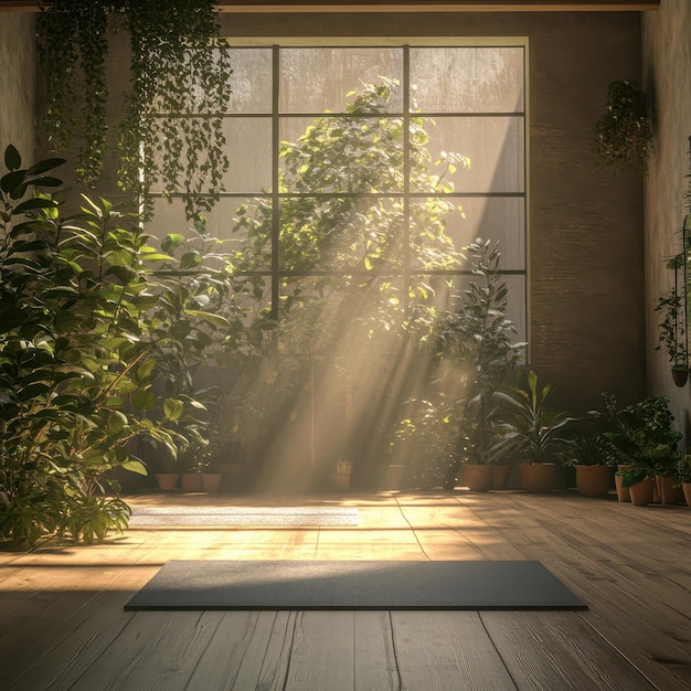 Photo gentle yoga flow in sunlit studio with plants