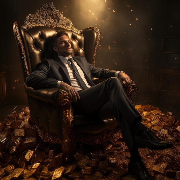 a gentleman reclines with ease on a throne of gold bars embodying prosperity and financial triumph