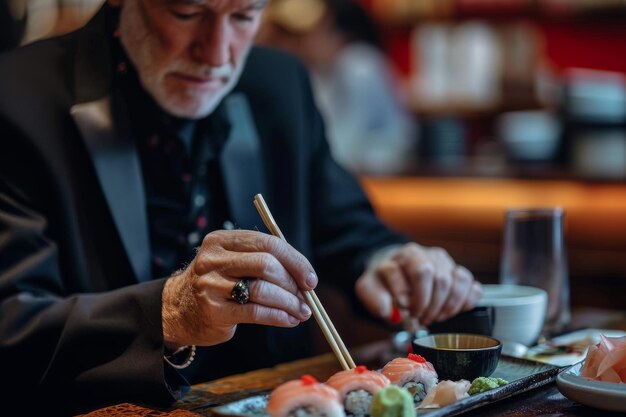 Photo gentleman in sushi bar one man gentleman sitting in restaurant alone he is eating sushi