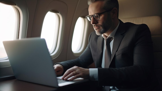 A gentleman with business clothing and spectacles stares out the window of the aircraft while working on a laptop Generative AI during a trip