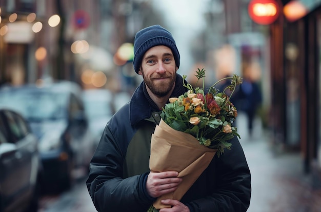 Gentlemans gesture with autumn bouquet