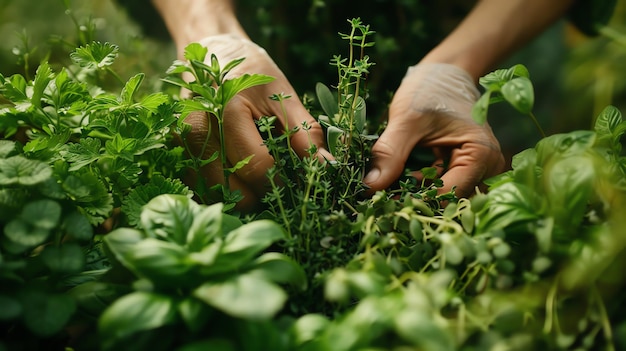 Gently harvesting fresh herbs from the garden