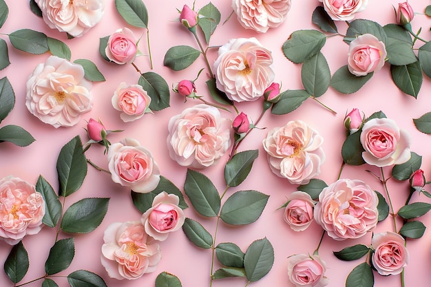 Photo gently pink peonies or roses on a pink background in a pattern style concept for greeting cards