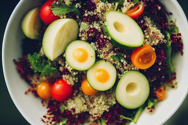 Gently yellow halves of nutritious avocado in healthy quinoa salad