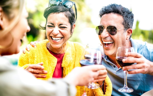 Genuine friends drinking red wine at home pic nic party