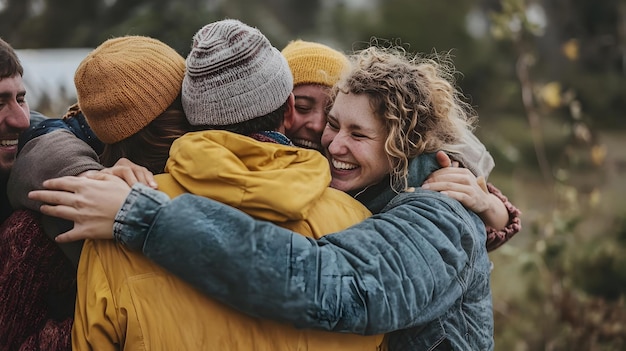 Photo genuine warmth and deep connection among joyful friends in heartfelt reunion